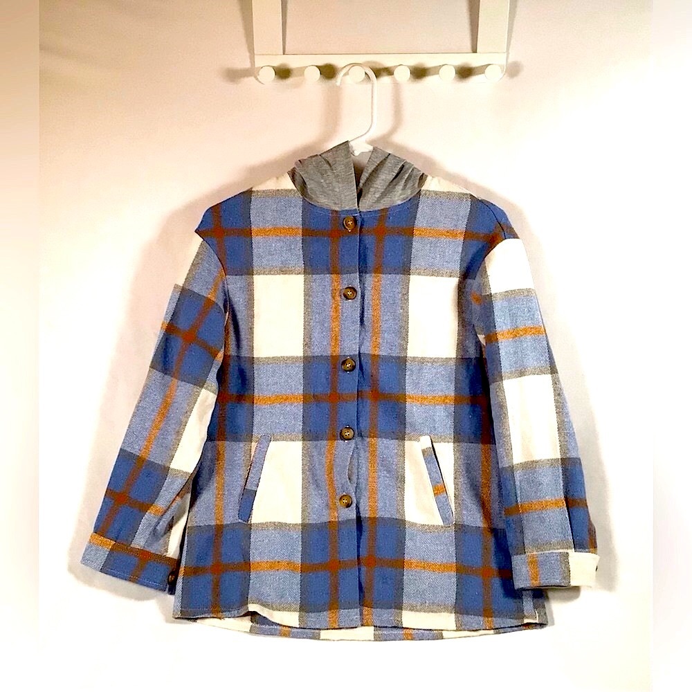 Blue Button Down Flannel Hooded Jacket